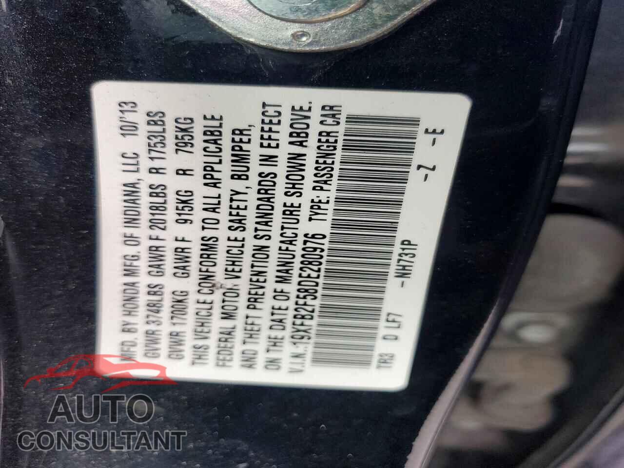 HONDA CIVIC 2013 - 19XFB2F58DE280976
