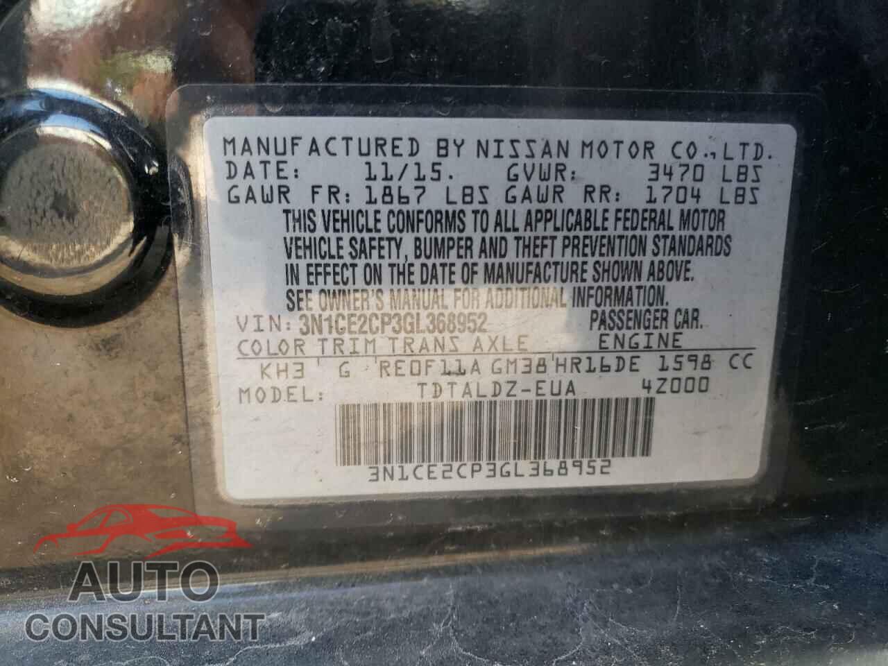 NISSAN VERSA 2016 - 3N1CE2CP3GL368952