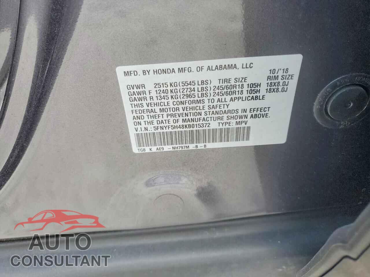 HONDA PILOT 2019 - 5FNYF5H48KB015372
