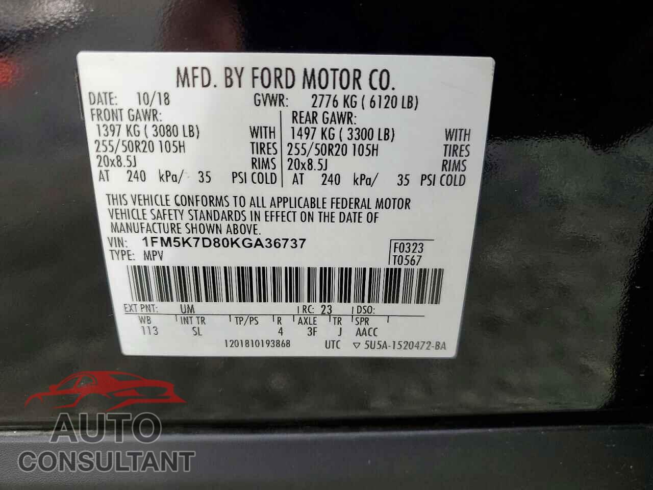 FORD EXPLORER 2019 - 1FM5K7D80KGA36737