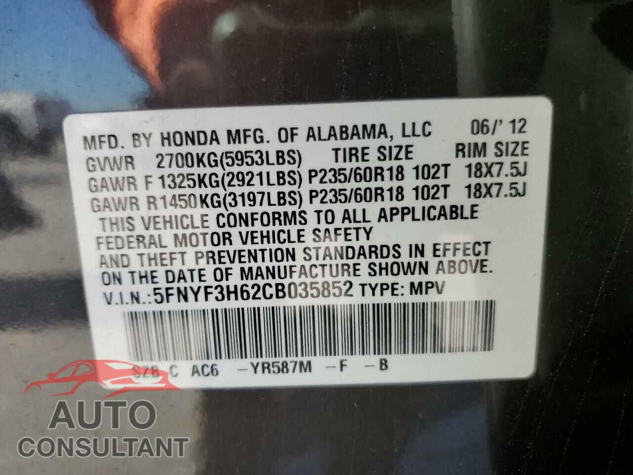 HONDA PILOT 2012 - 5FNYF3H62CB035852