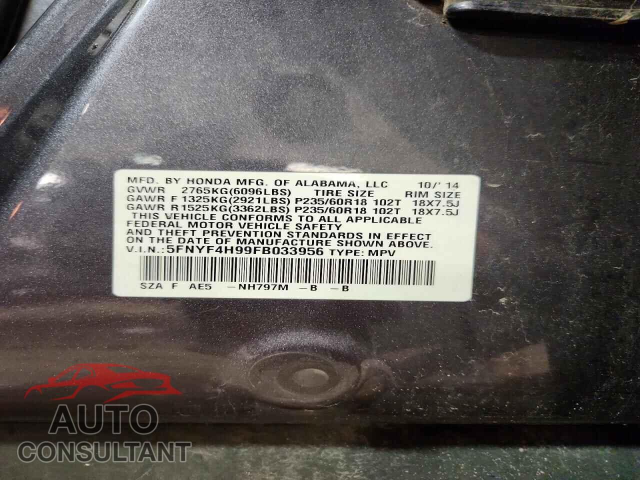 HONDA PILOT 2015 - 5FNYF4H99FB033956