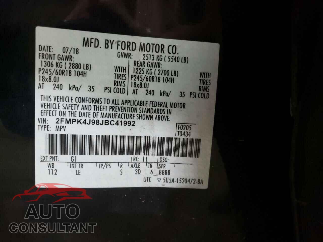 FORD EDGE 2018 - 2FMPK4J98JBC41992