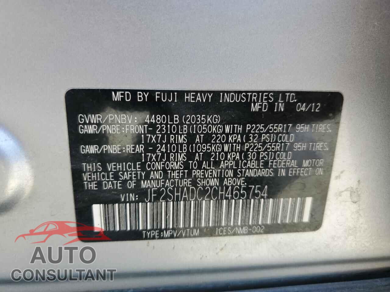 SUBARU FORESTER 2012 - JF2SHADC2CH465754