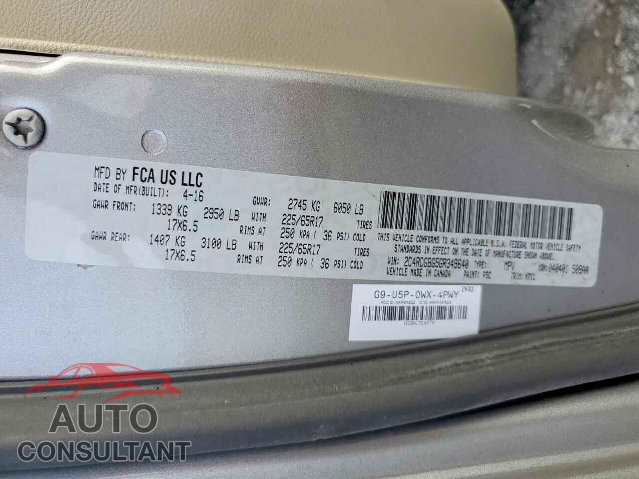 DODGE CARAVAN 2016 - 2C4RDGBG5GR349640