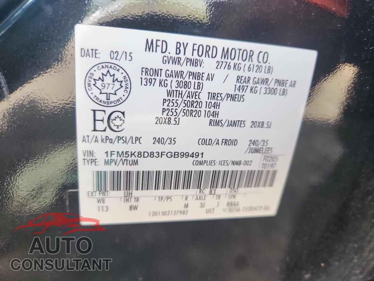 FORD EXPLORER 2015 - 1FM5K8D83FGB99491