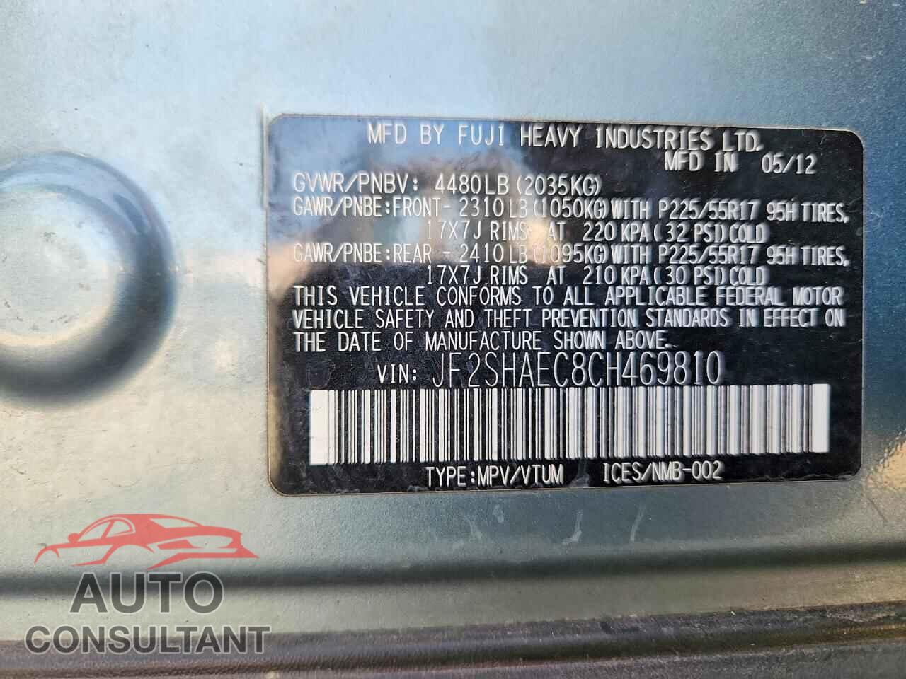 SUBARU FORESTER 2012 - JF2SHAEC8CH469810