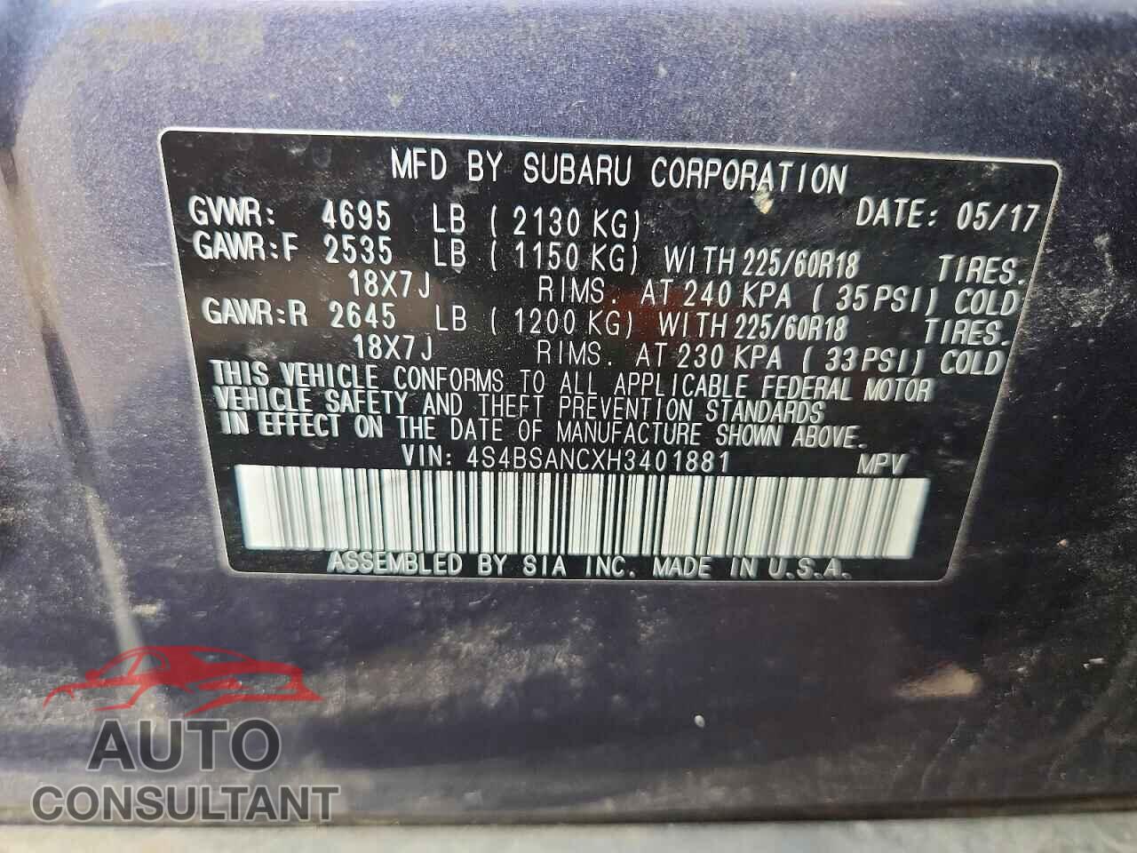 SUBARU OUTBACK 2017 - 4S4BSANCXH3401881