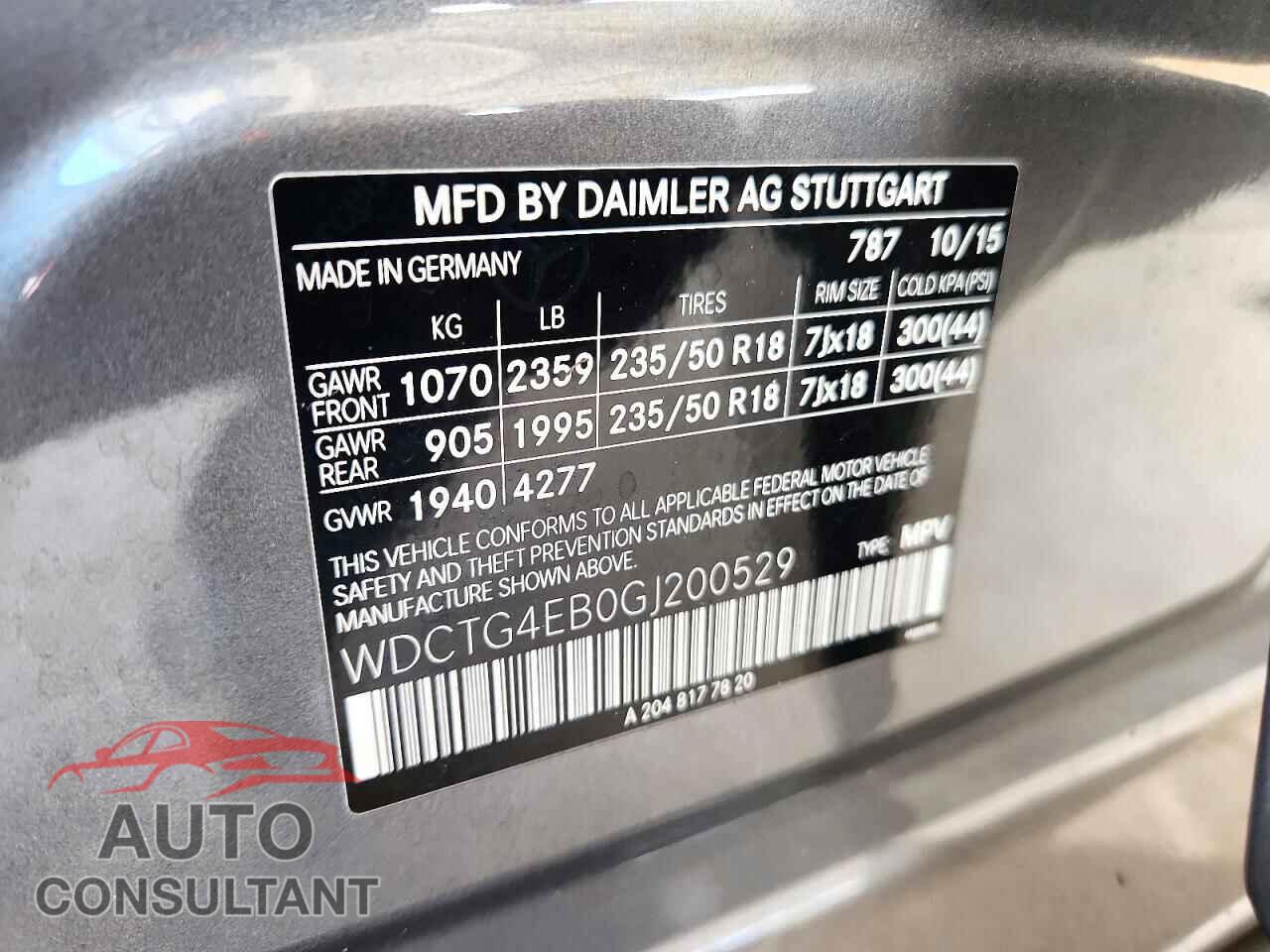 MERCEDES-BENZ GLA-CLASS 2016 - WDCTG4EB0GJ200529