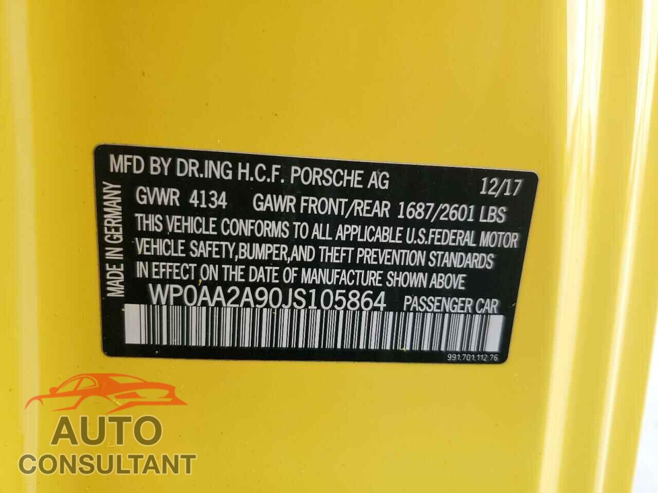 PORSCHE 911 2018 - WP0AA2A90JS105864