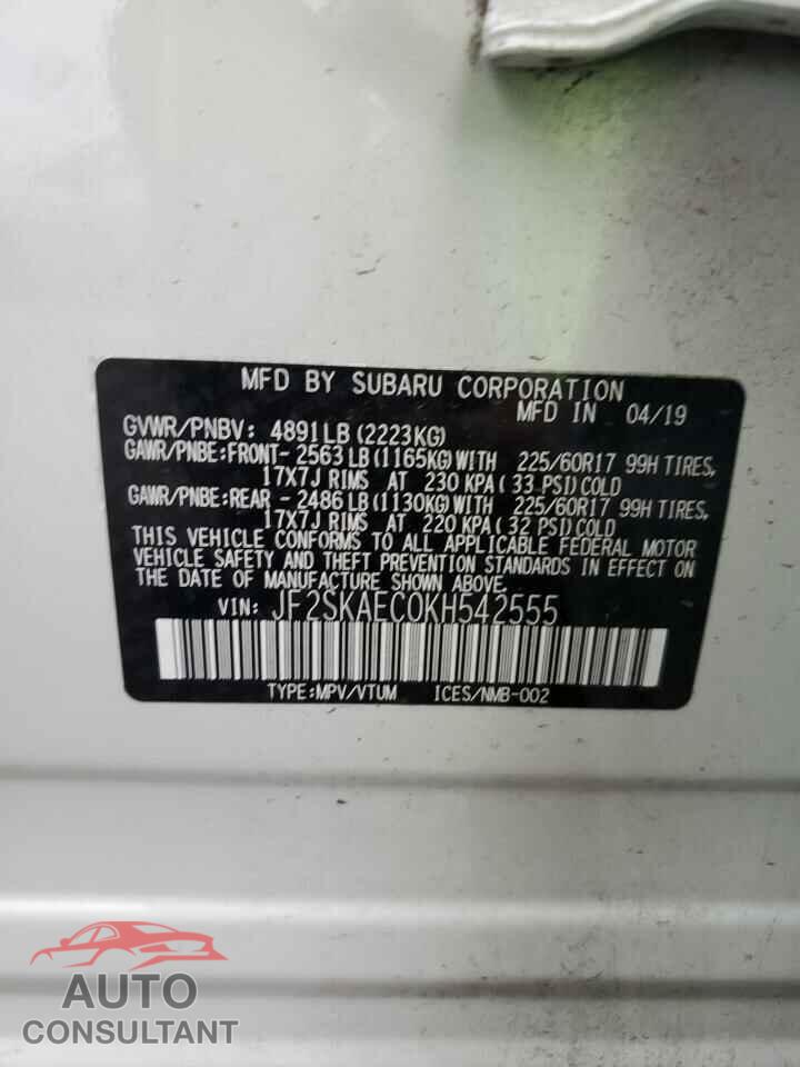 SUBARU FORESTER 2019 - JF2SKAEC0KH542555