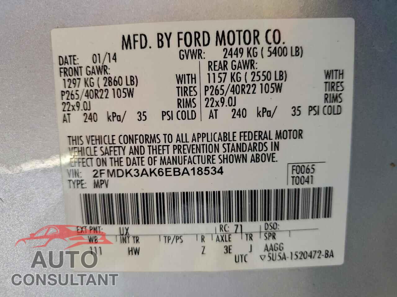 FORD EDGE 2014 - 2FMDK3AK6EBA18534