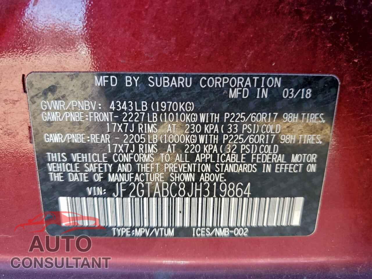 SUBARU CROSSTREK 2018 - JF2GTABC8JH319864