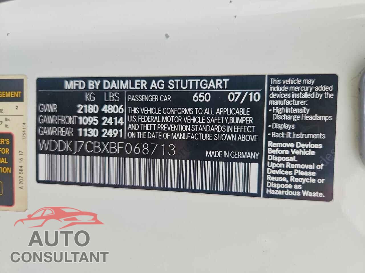 MERCEDES-BENZ E-CLASS 2011 - WDDKJ7CBXBF068713