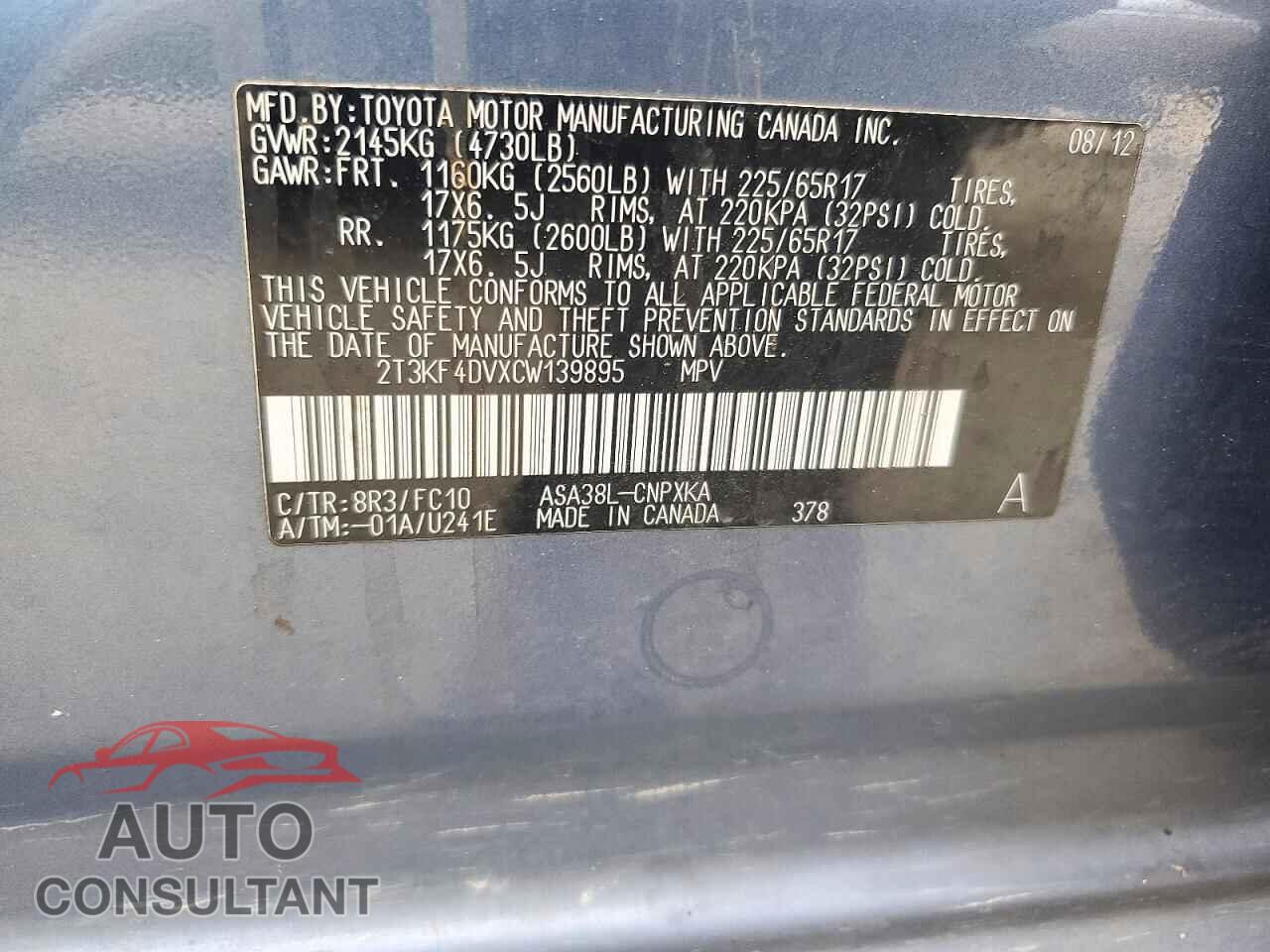 TOYOTA RAV4 2012 - 2T3KF4DVXCW139895
