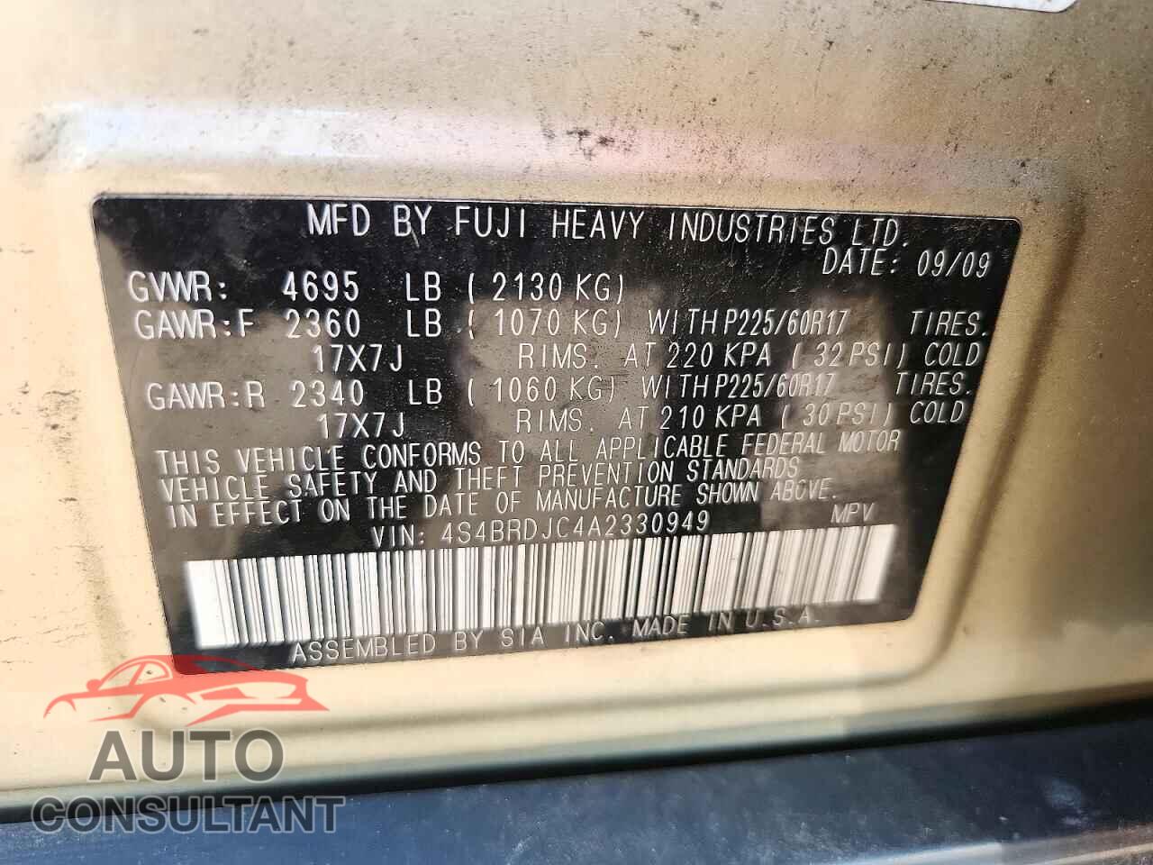 SUBARU OUTBACK 2010 - 4S4BRDJC4A2330949