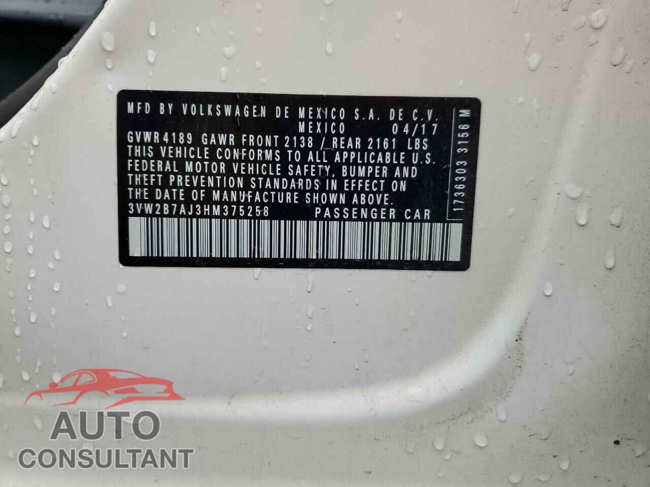 VOLKSWAGEN JETTA 2017 - 3VW2B7AJ3HM375258