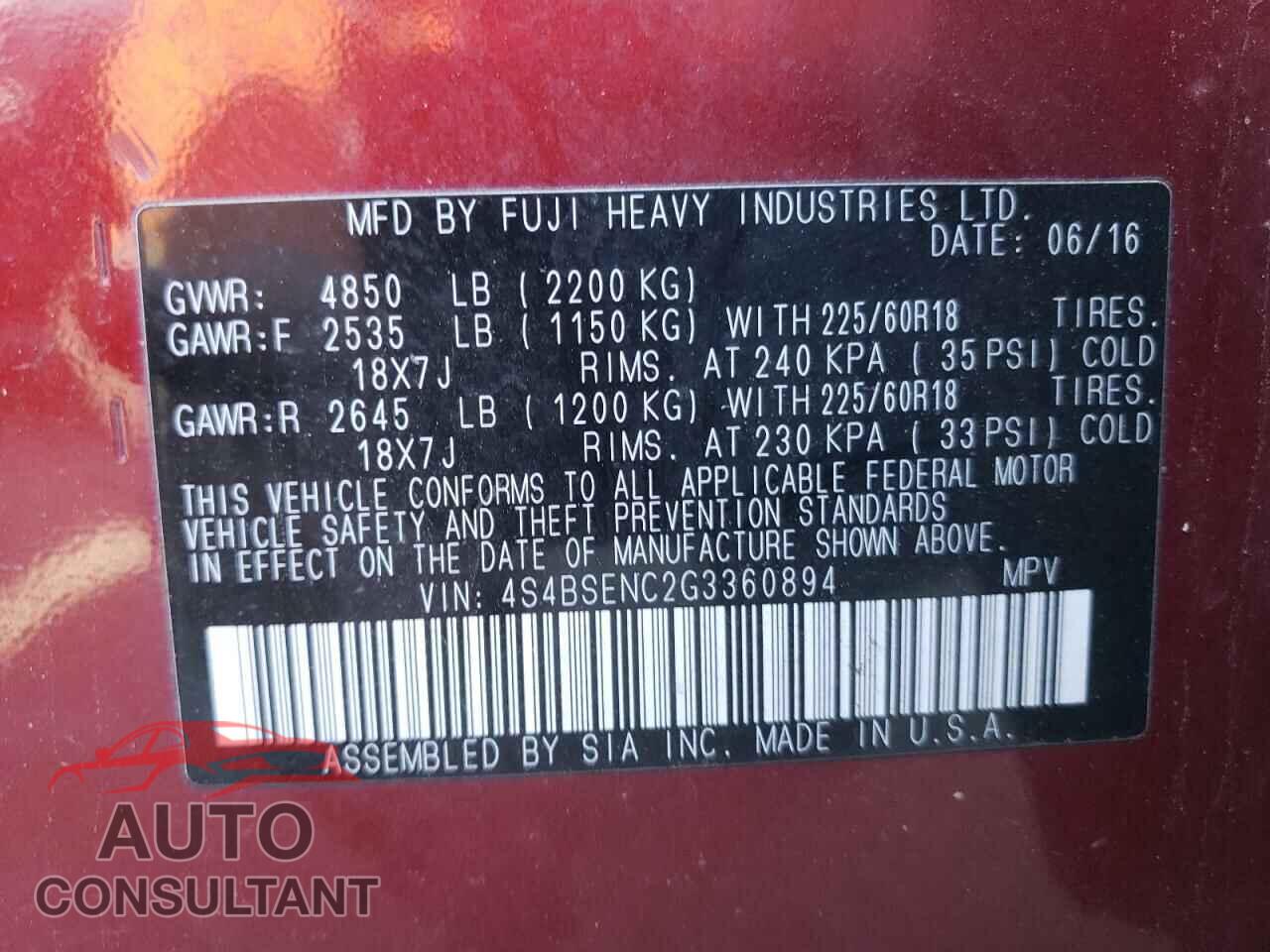 SUBARU OUTBACK 2016 - 4S4BSENC2G3360894