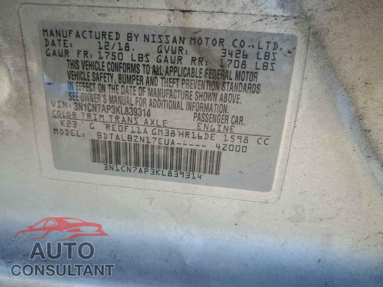 NISSAN VERSA 2019 - 3N1CN7AP3KL839314
