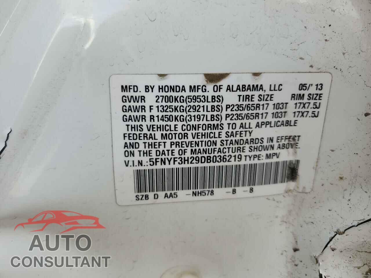 HONDA PILOT 2013 - 5FNYF3H29DB036219