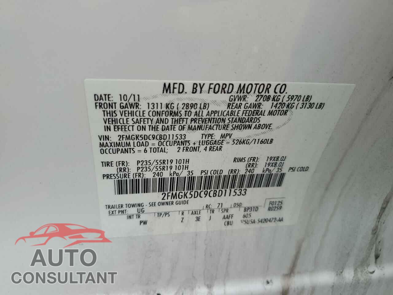 FORD FLEX 2012 - 2FMGK5DC9CBD11533