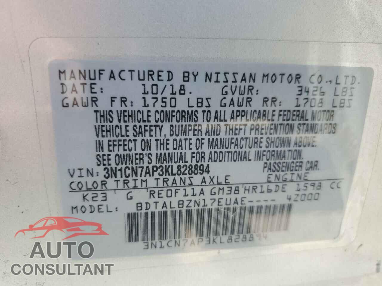 NISSAN VERSA 2019 - 3N1CN7AP3KL828894