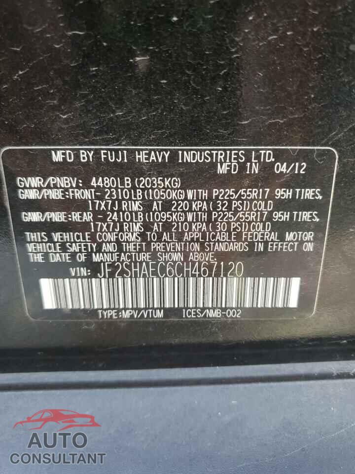 SUBARU FORESTER 2012 - JF2SHAEC6CH467120