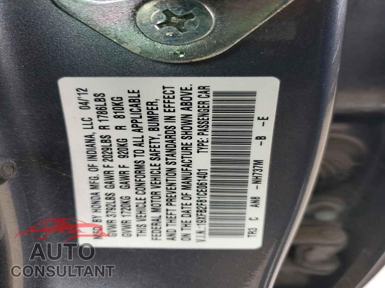 HONDA CIVIC 2012 - 19XFB2F81CE061401