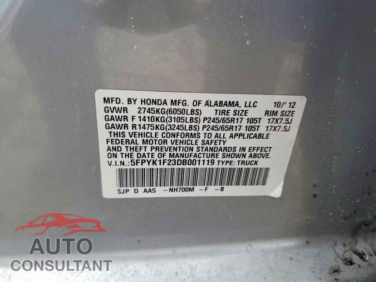 HONDA RIDGELINE 2013 - 5FPYK1F23DB001119