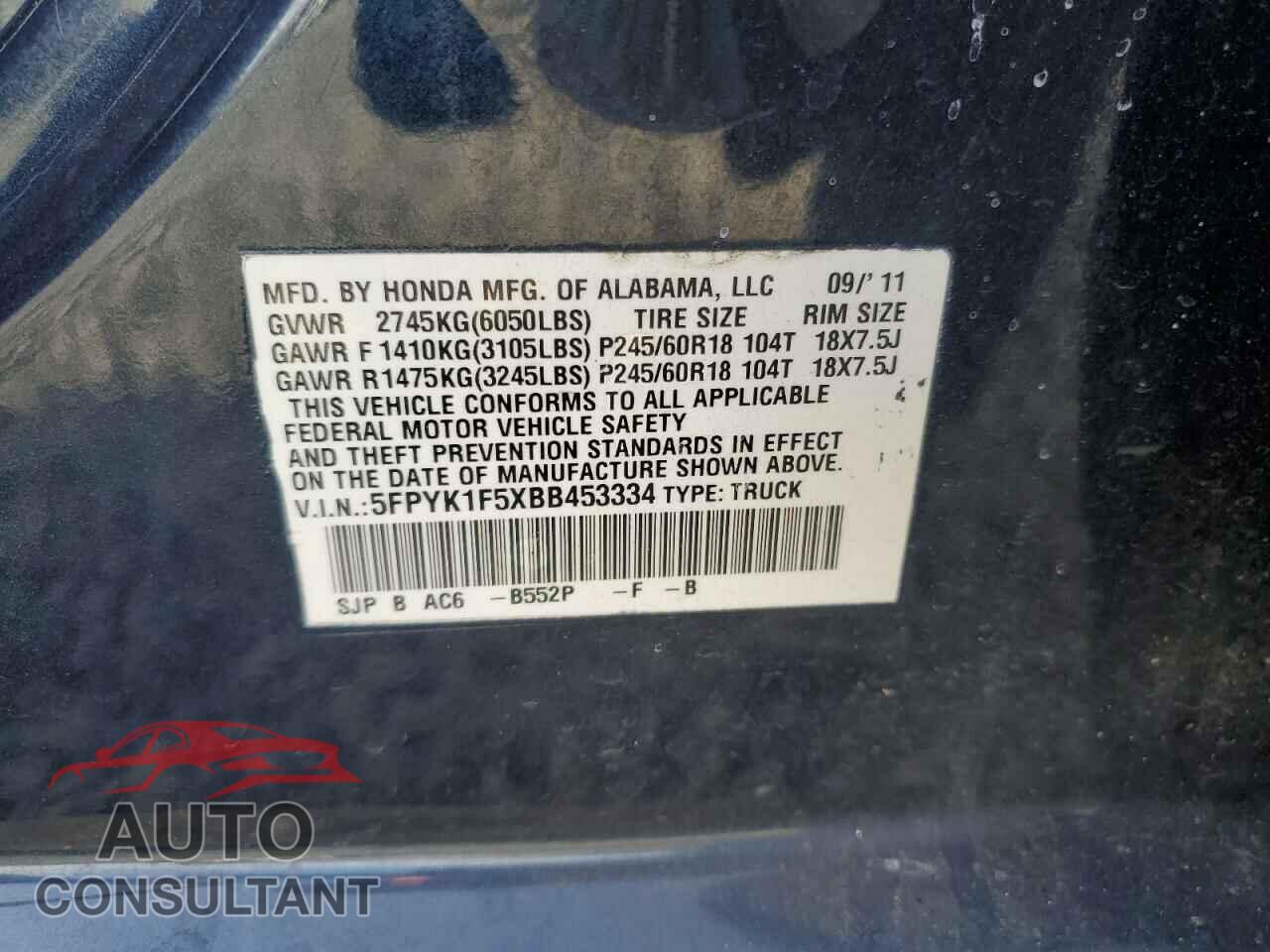 HONDA RIDGELINE 2011 - 5FPYK1F5XBB453334