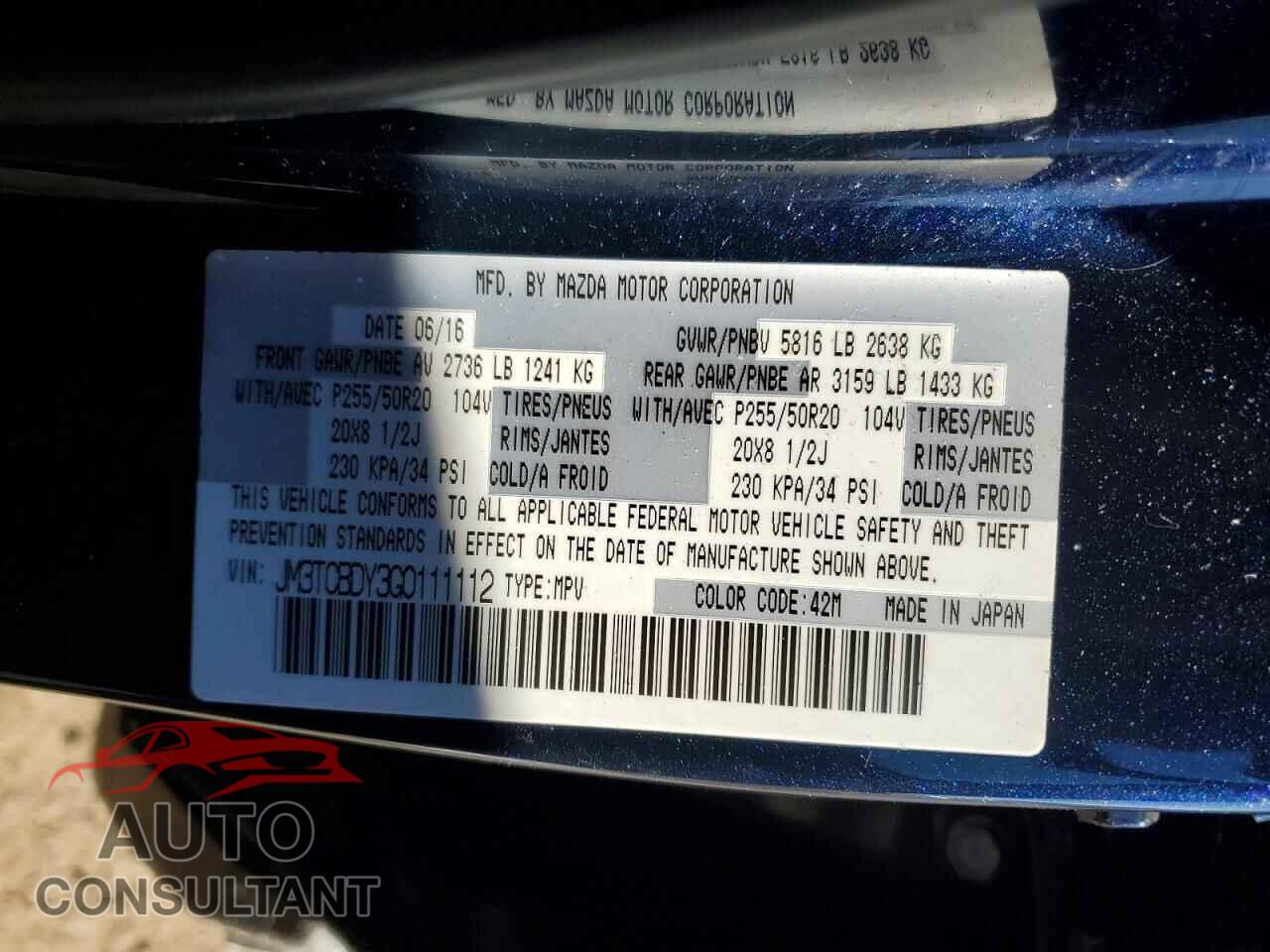 MAZDA CX-9 2016 - JM3TCBDY3G0111112