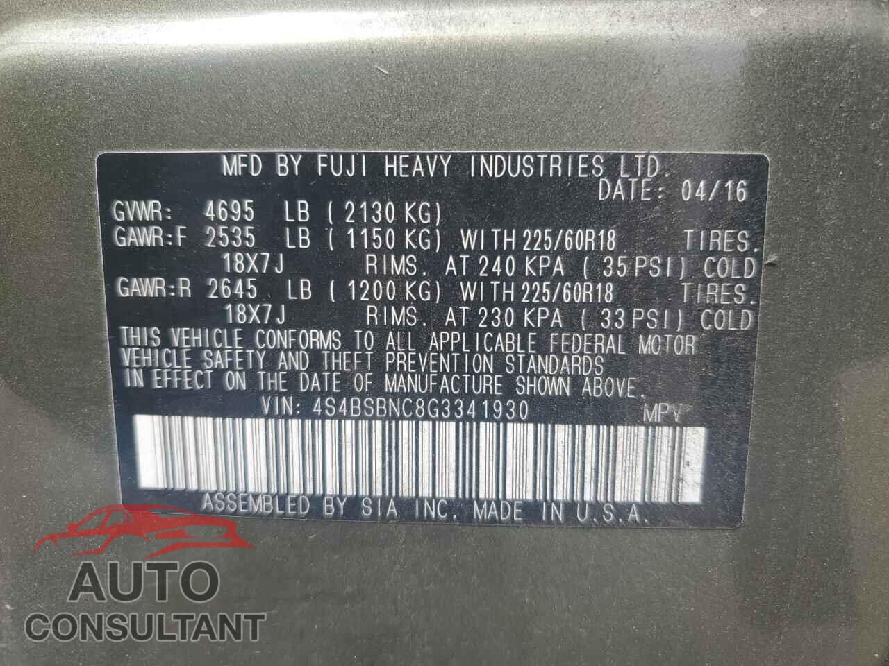 SUBARU OUTBACK 2016 - 4S4BSBNC8G3341930