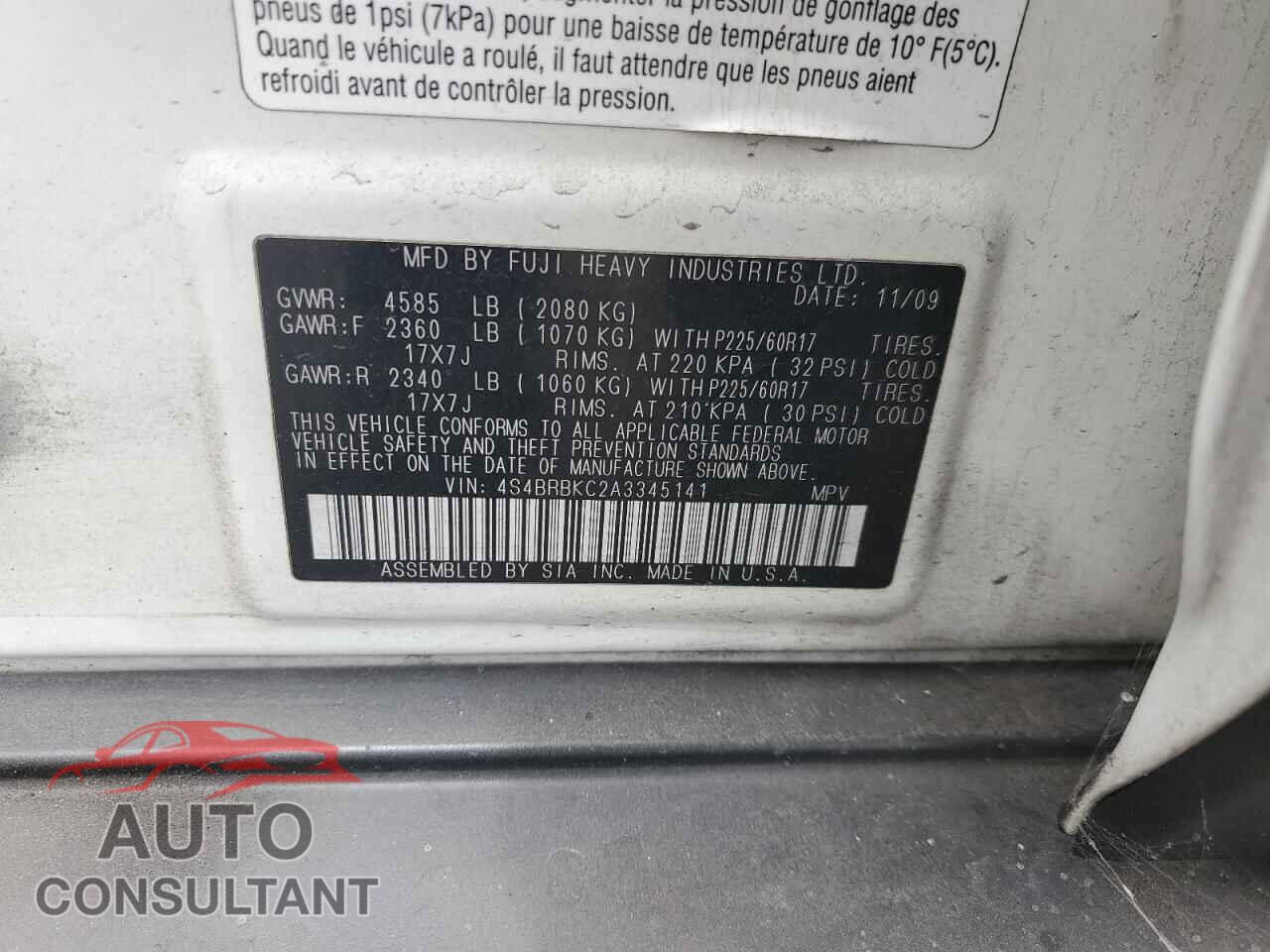 SUBARU OUTBACK 2010 - 4S4BRBKC2A3345141