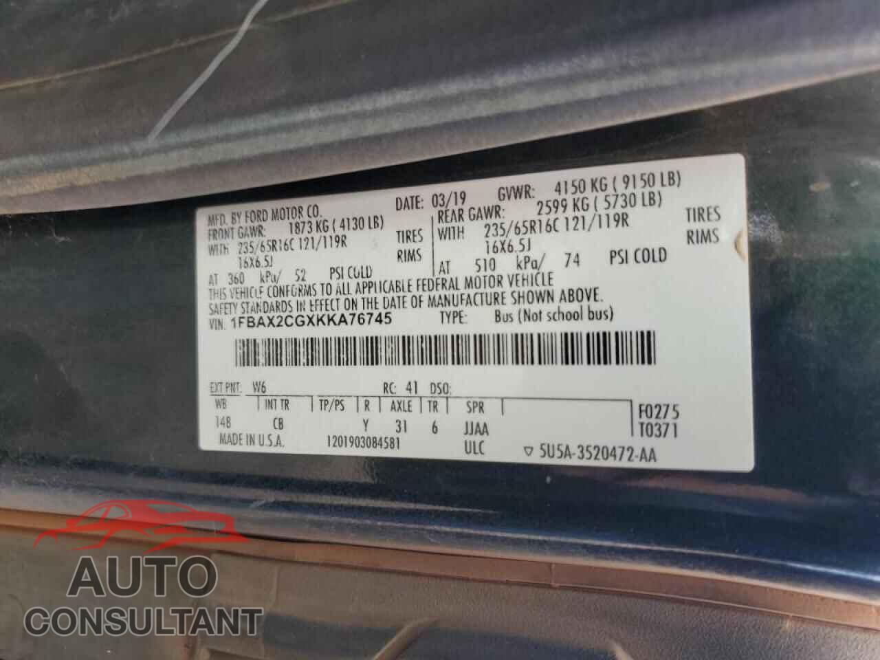 FORD TRANSIT 2019 - 1FBAX2CGXKKA76745