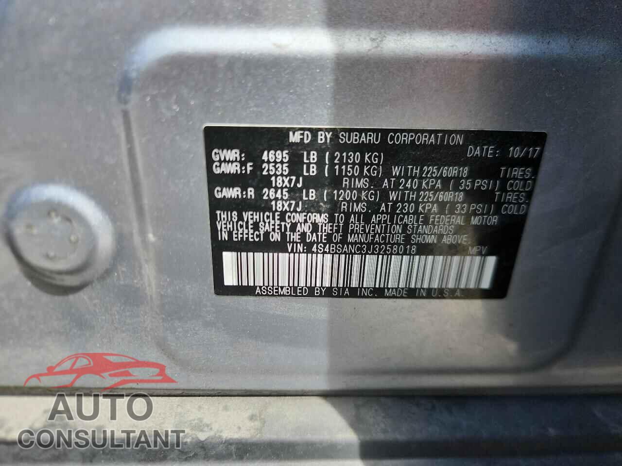 SUBARU OUTBACK 2018 - 4S4BSANC3J3258018