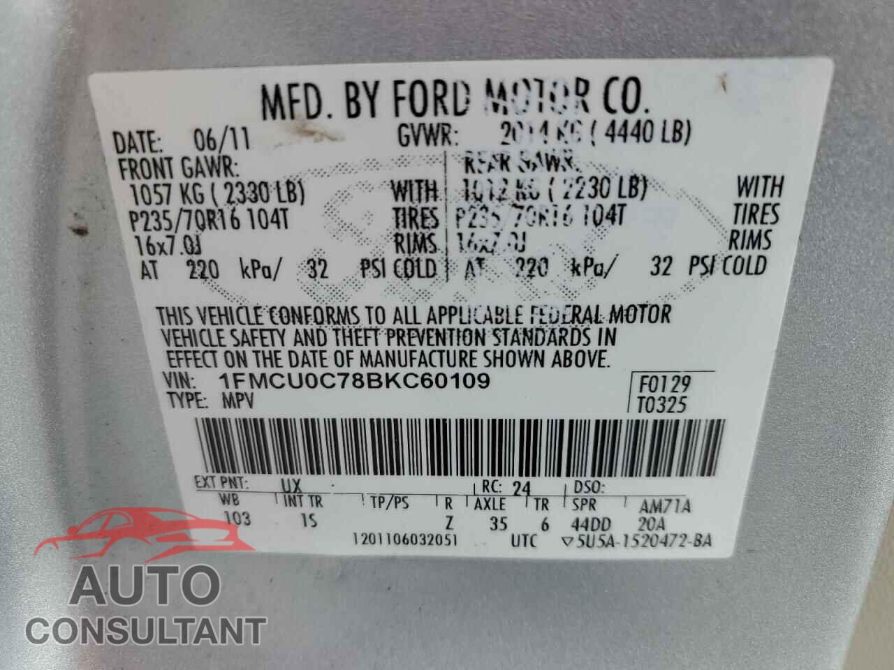 FORD ESCAPE 2011 - 1FMCU0C78BKC60109