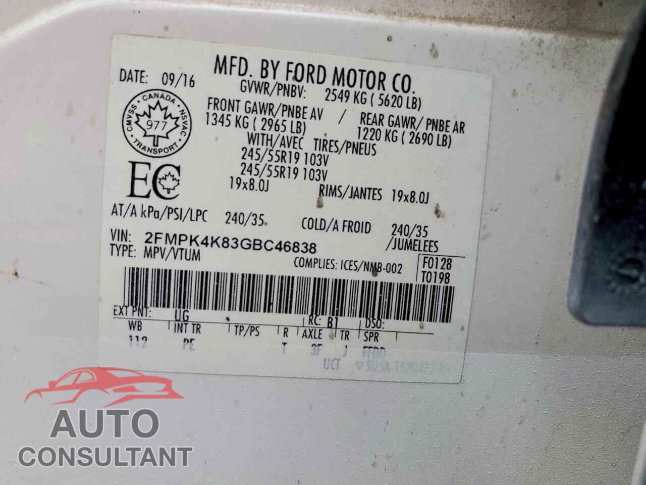 FORD EDGE 2016 - 2FMPK4K83GBC46838