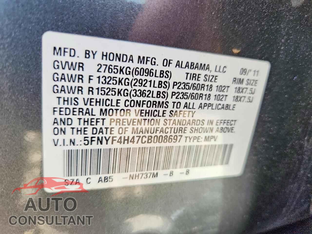 HONDA PILOT 2012 - 5FNYF4H47CB008697