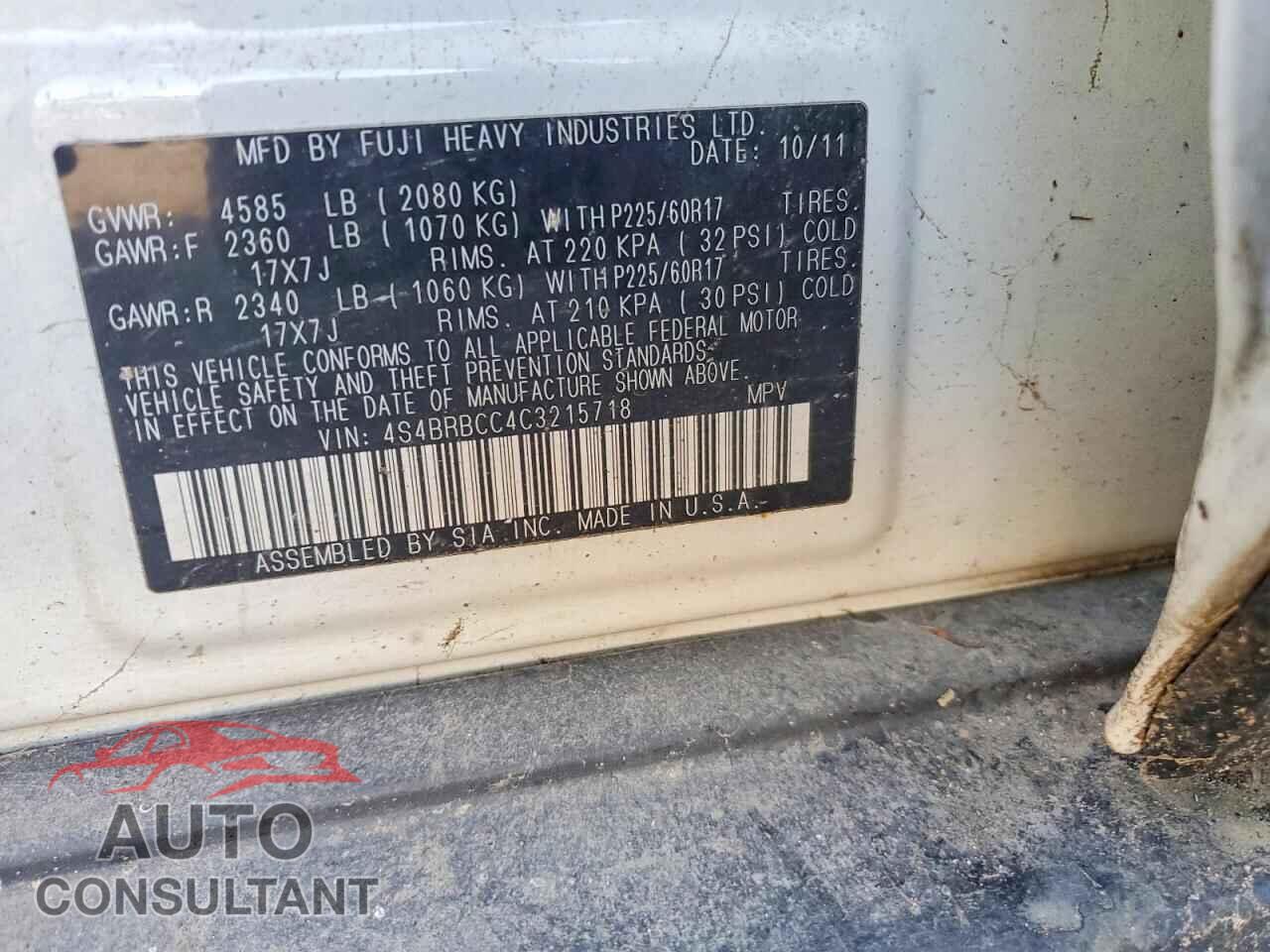 SUBARU OUTBACK 2012 - 4S4BRBCC4C3215718