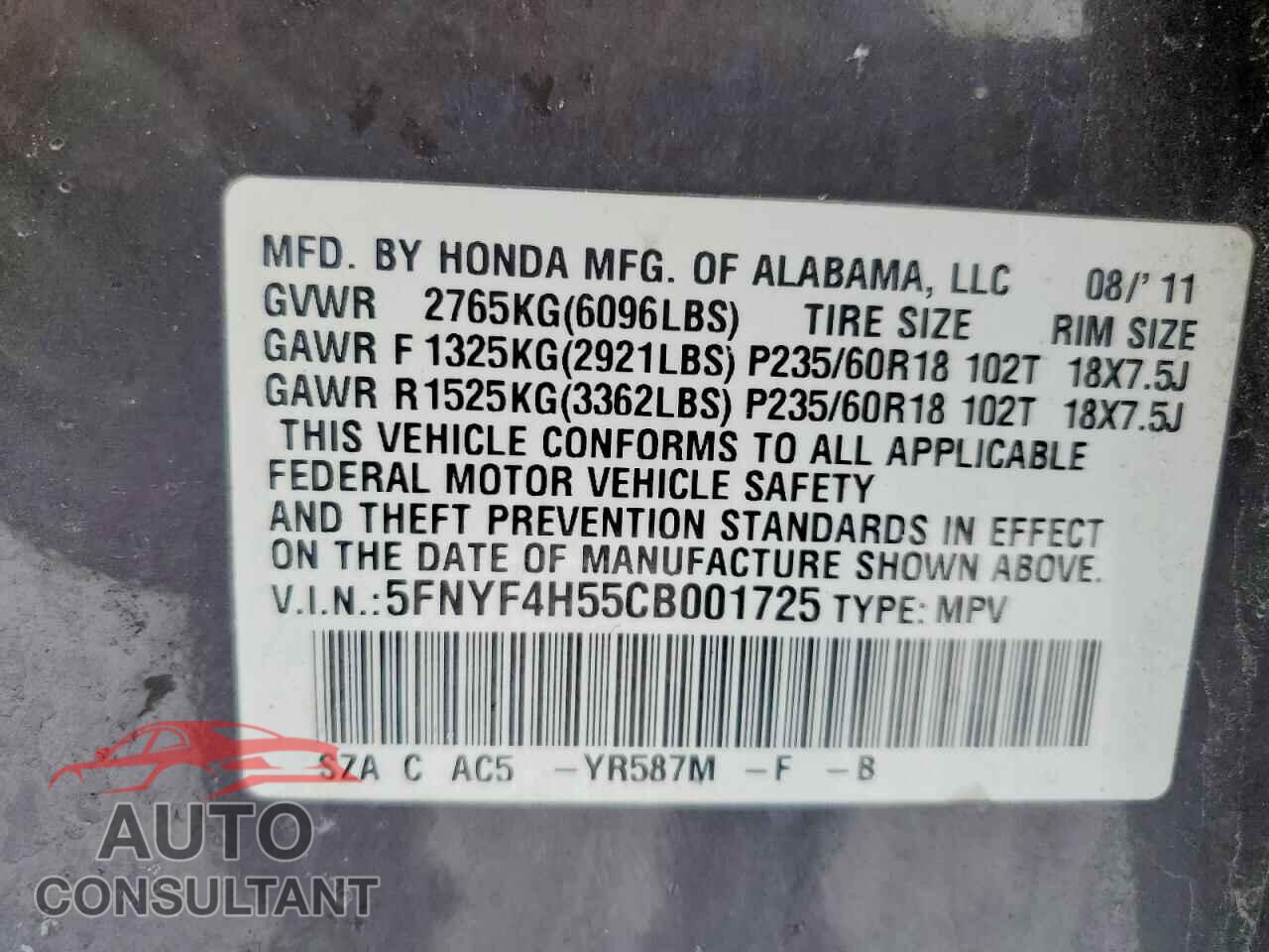 HONDA PILOT 2012 - 5FNYF4H55CB001725