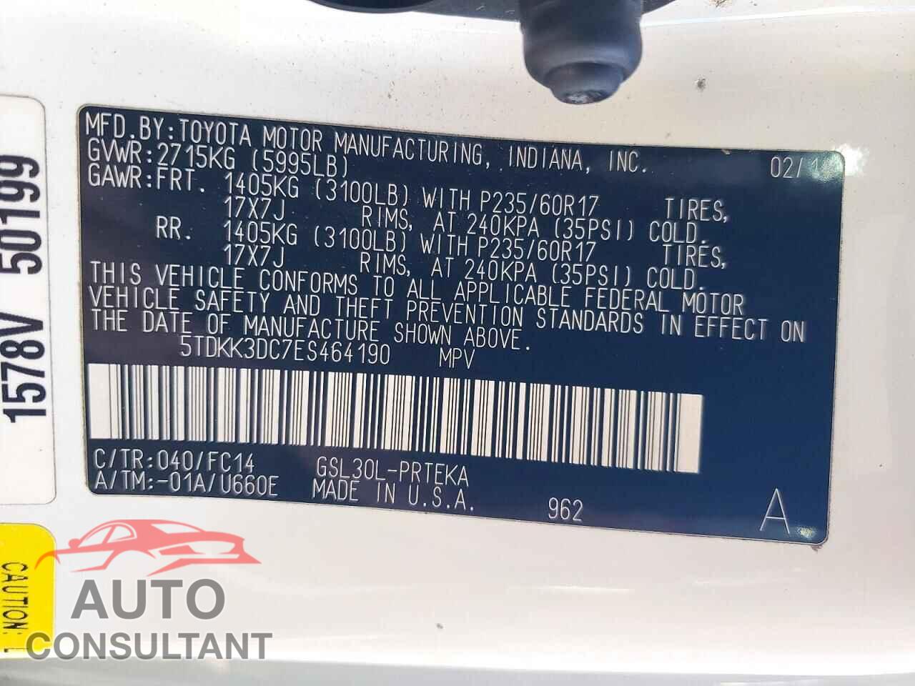 TOYOTA SIENNA 2014 - 5TDKK3DC7ES464190