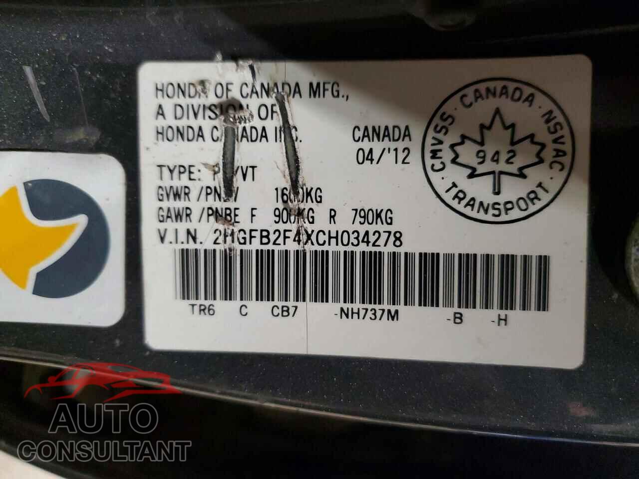 HONDA CIVIC 2012 - 2HGFB2F4XCH034278
