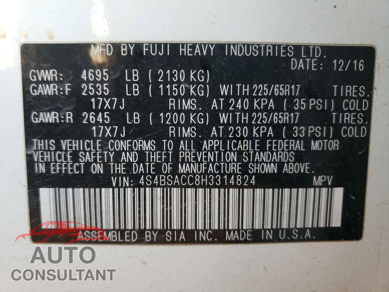 SUBARU OUTBACK 2017 - 4S4BSACC8H3314824