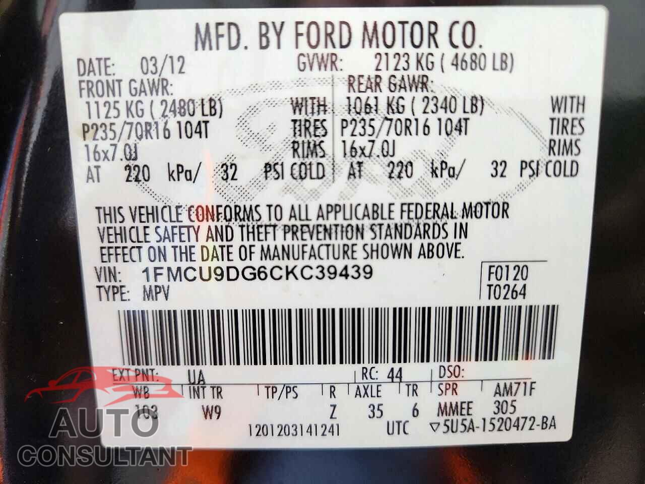 FORD ESCAPE 2012 - 1FMCU9DG6CKC39439