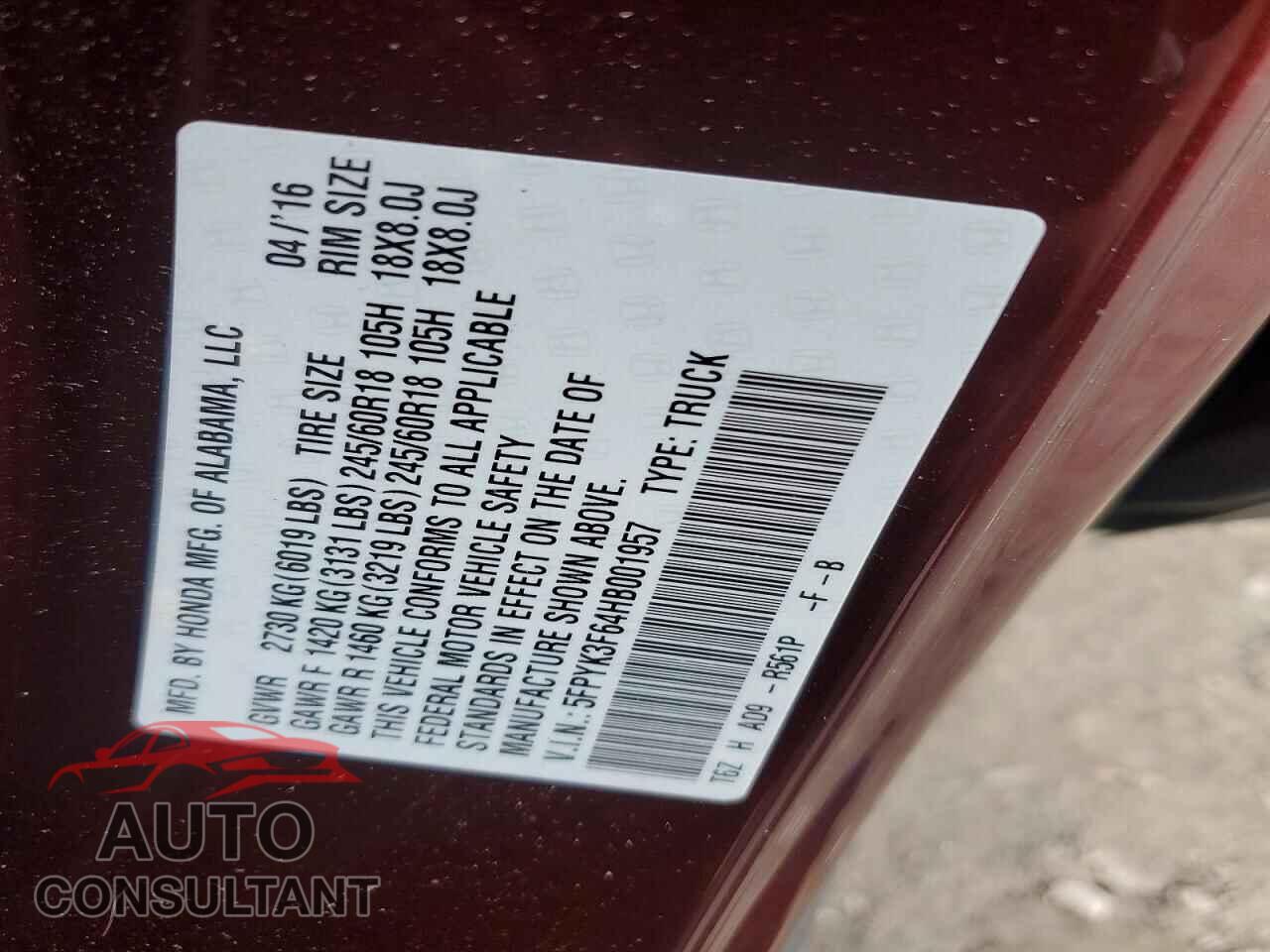 HONDA RIDGELINE 2017 - 5FPYK3F64HB001957