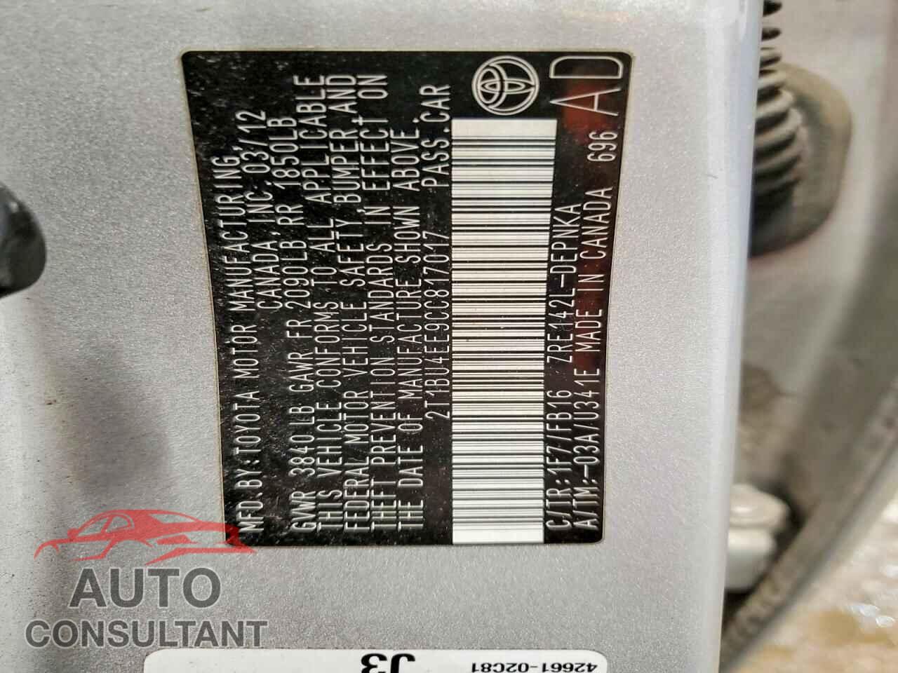TOYOTA COROLLA 2012 - 2T1BU4EE9CC817017