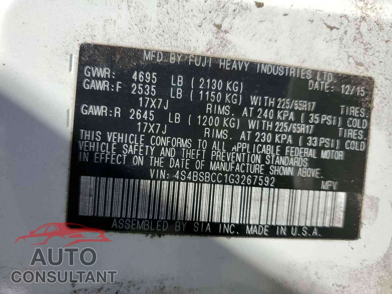 SUBARU OUTBACK 2016 - 4S4BSBCC1G3267592