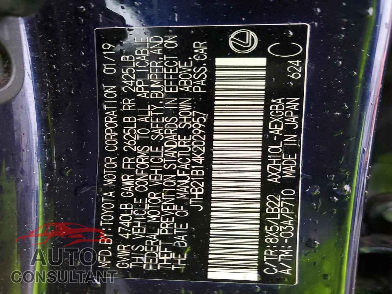 LEXUS ES300 2019 - JTHB21B14K2029957