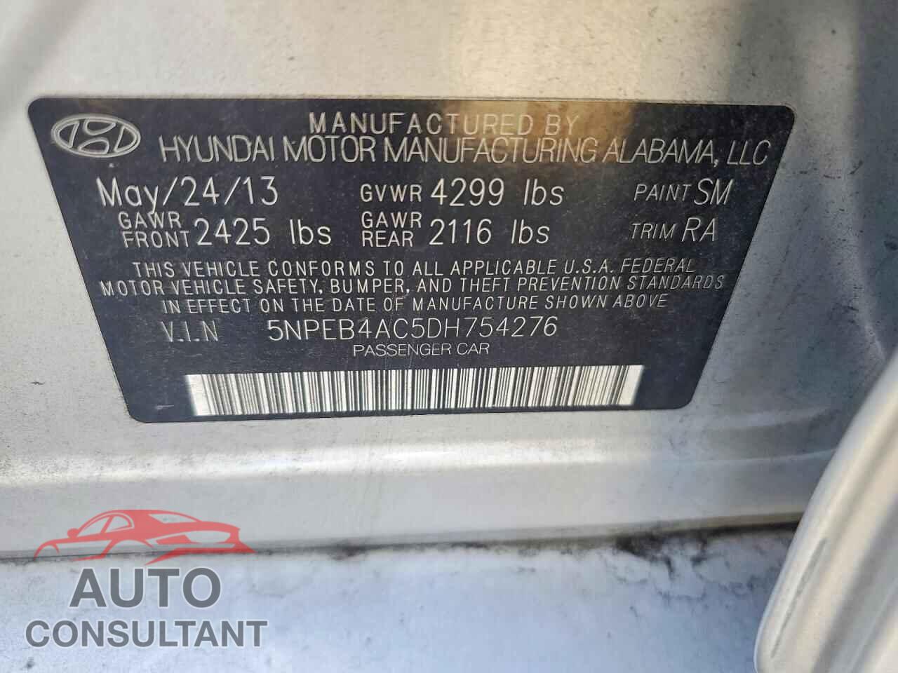 HYUNDAI SONATA 2013 - 5NPEB4AC5DH754276