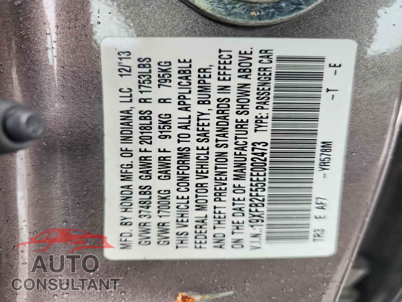 HONDA CIVIC 2014 - 19XFB2F55EE002473